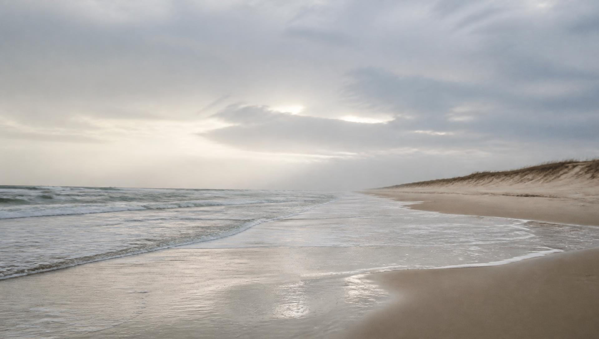 Quiet shoreline beneath soft morning clouds