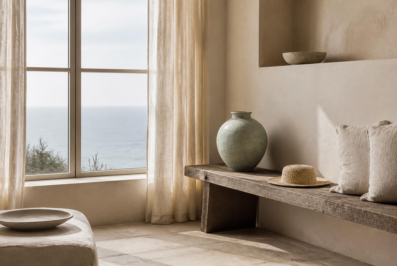 An empty chair beside a window in a quiet coastal room